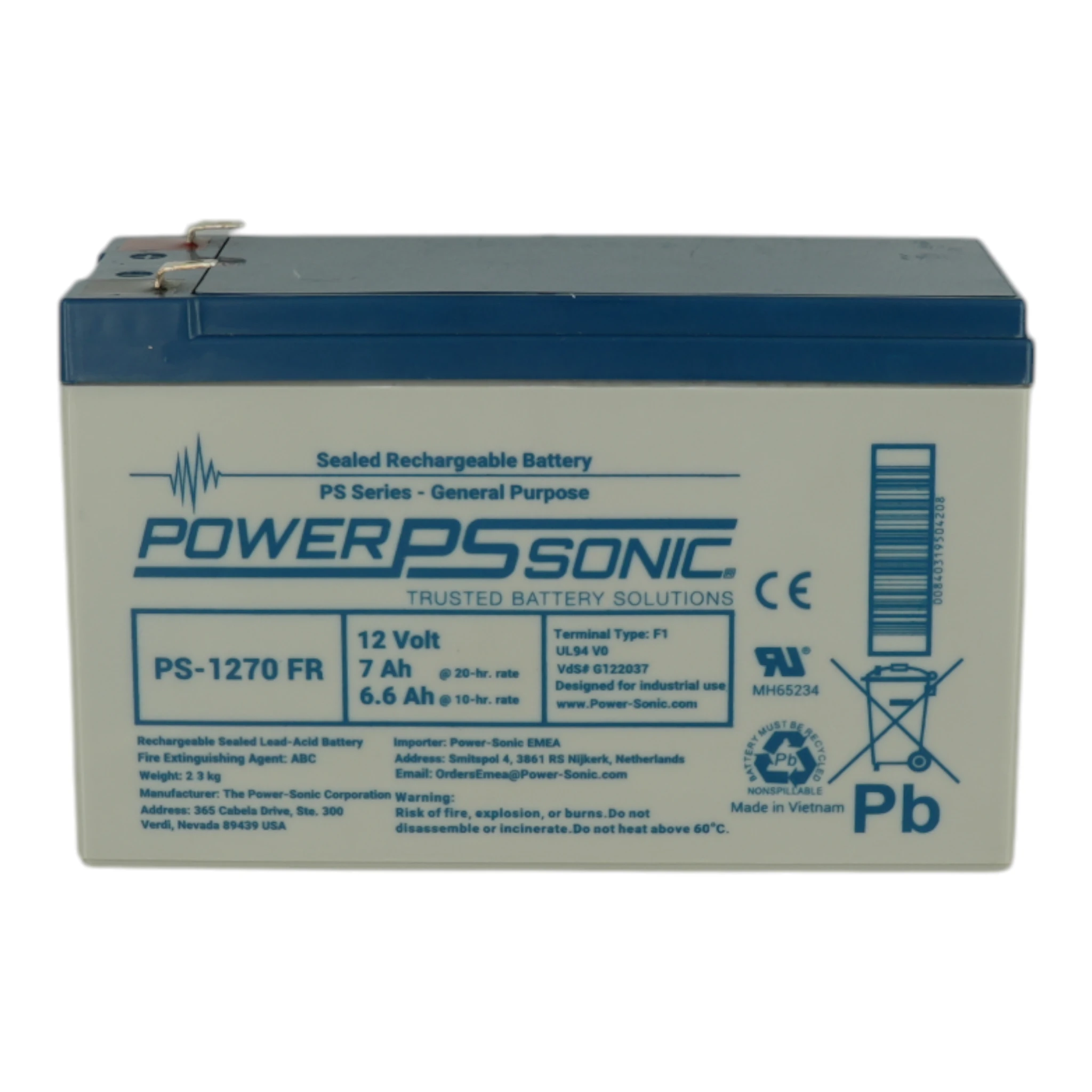 Power Sonic Battery 7Ah - 12V Flame Retardant Used in VIG & Sentri Repeat, Nano & Sentri1 panels